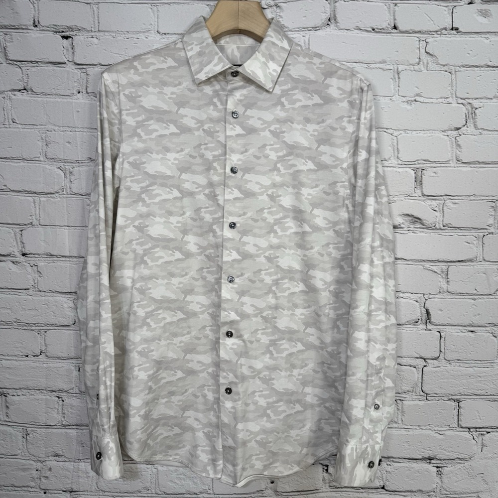 Bugatchi Ooohcotton James Camouflage Shirt S Chalk 8 Way Stretch Long Sleeve